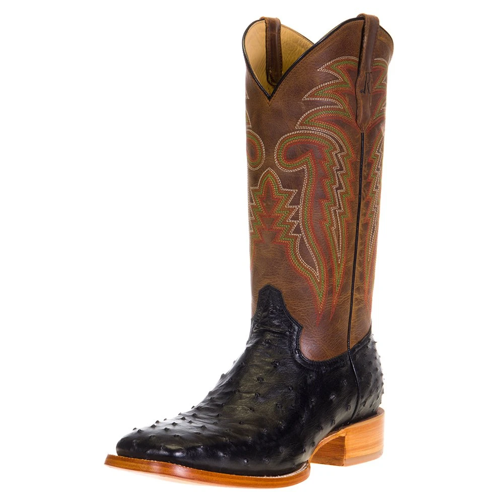 R. WATSON BOOTS Men's R Watson Black Full Quill Ostrich 13in. Mad Dog Tan Cowhide Top Boots 1 R. WATSON BOOTS Men's R Watson Black Full Quill Ostrich 13in. Mad Dog Tan Cowhide Top Boots