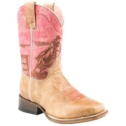 Roper Footwear Kids Tan Leather Vamp Pink Shaft With Barrel Racer Embroidery Boot