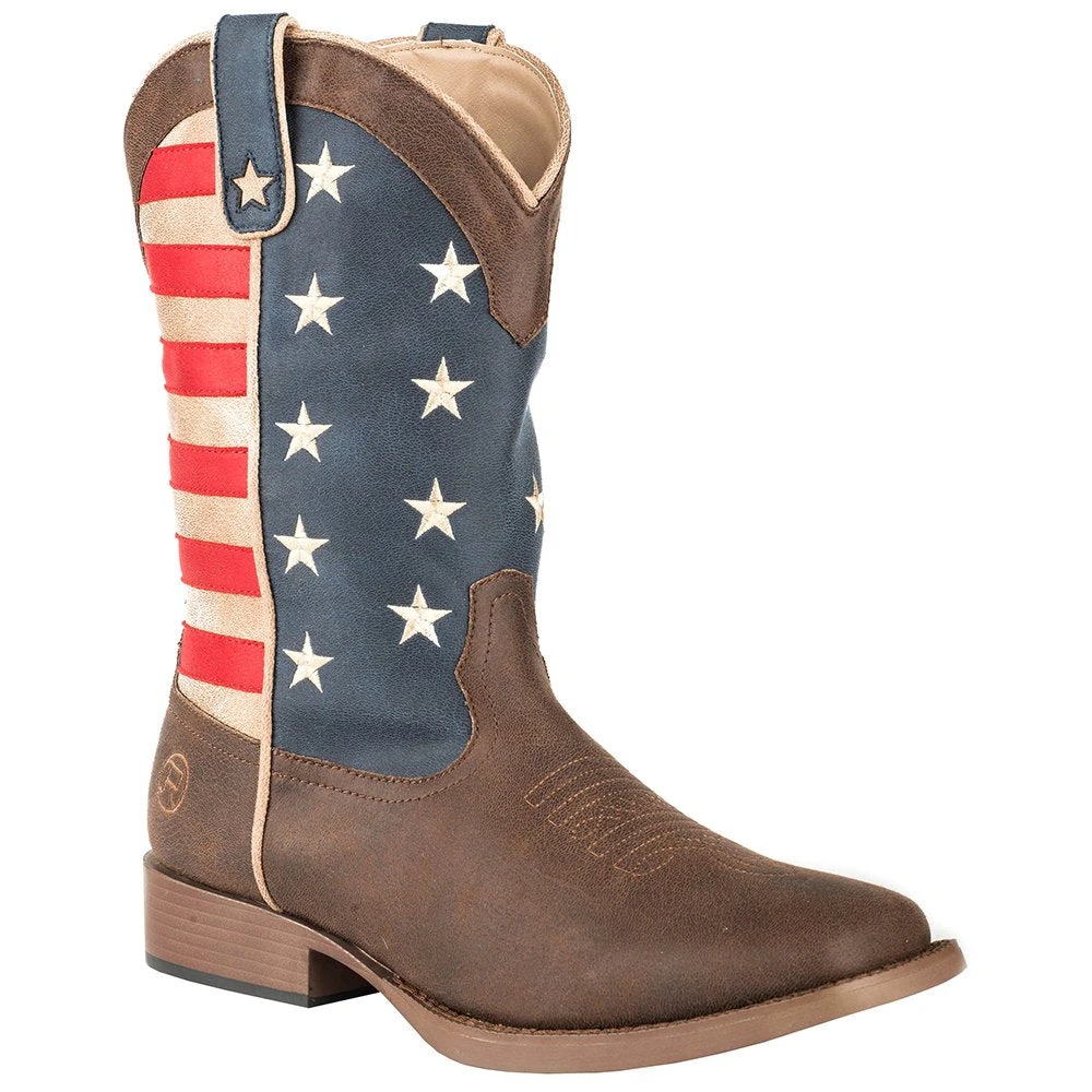 Roper Footwear Men's Brown Vamp Red, White And Blue Flag Cowboy Boot 1 Roper Footwear Men's Brown Vamp Red, White And Blue Flag Cowboy Boot