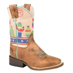 Roper Footwear Kids Waxy Brown Leather Printed Cactus Cowgirl Boot