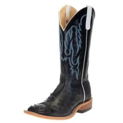 Anderson Bean Men's Black Full Quill Ostrich 13in. Black Kidskin Top Square Toe Boots