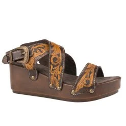 Roper Womens Brown Tan Tooled Leather Wedge