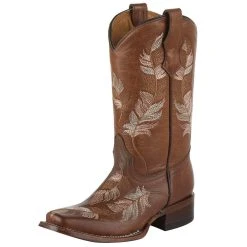 Kids Corral Tan And Pink Embroidered Feather Square Toe Cowgirl Boot