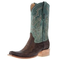 Corral Men`s Brown Ostrich Leg 12` Green Embroidery Top Sq Toe Boot