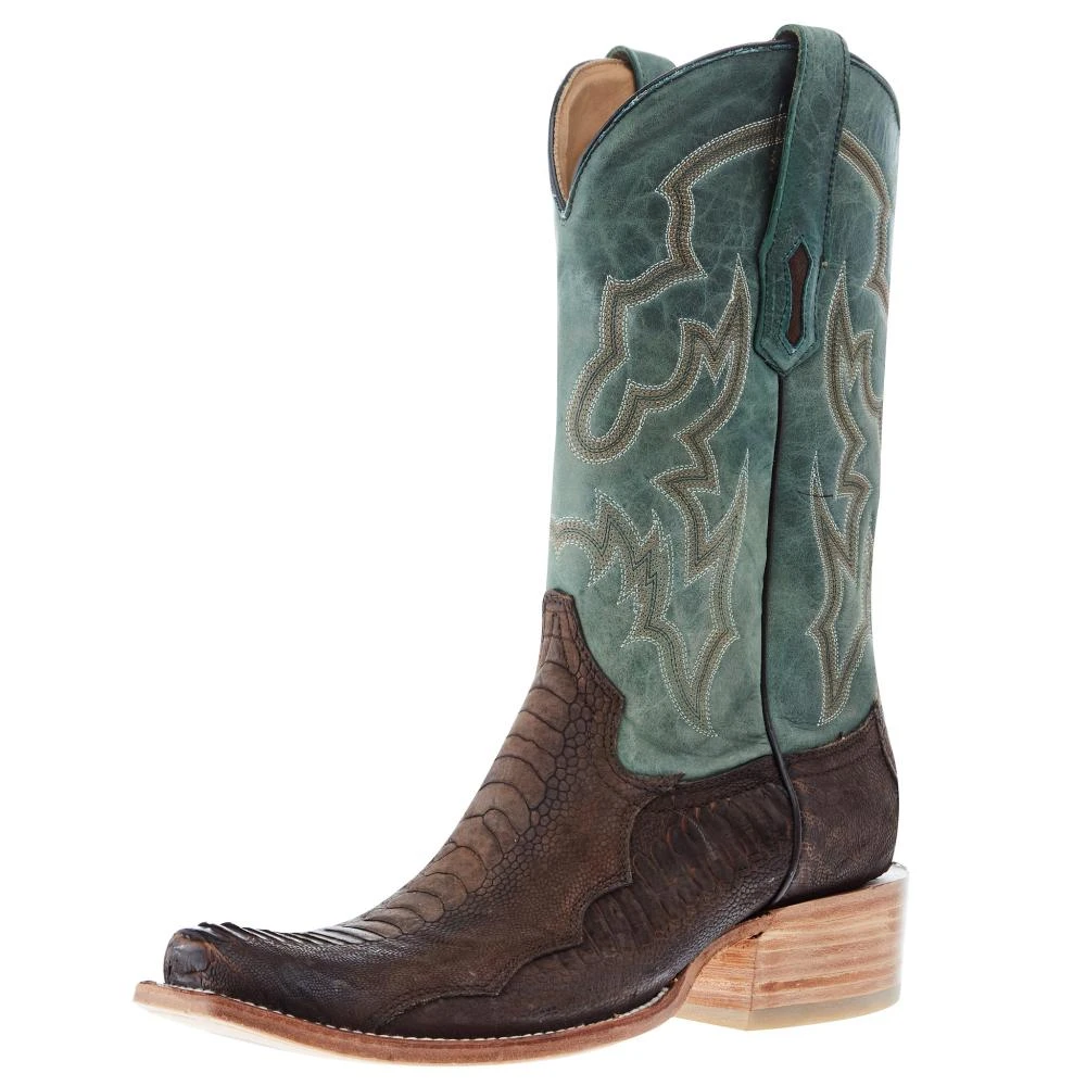 Corral Men`s Brown Ostrich Leg 12` Green Embroidery Top Sq Toe Boot 1 Corral Men`s Brown Ostrich Leg 12` Green Embroidery Top Sq Toe Boot