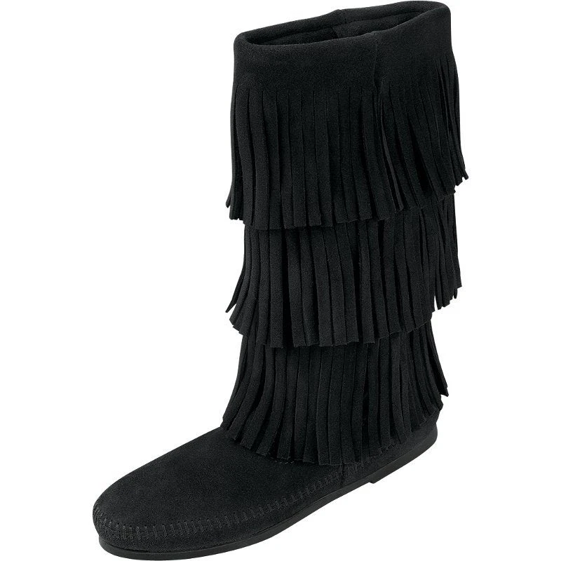 Minnetonka Women's Black 3 Layer Fringe Boots 1 Minnetonka Women's Black 3 Layer Fringe Boots