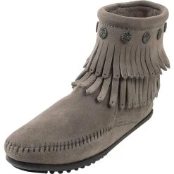 Minnetonka Grey Double Fringe Side Zip Boot-6in Top