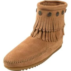Minnetonka Taupe Double Fringe Side Zip Boot-6in