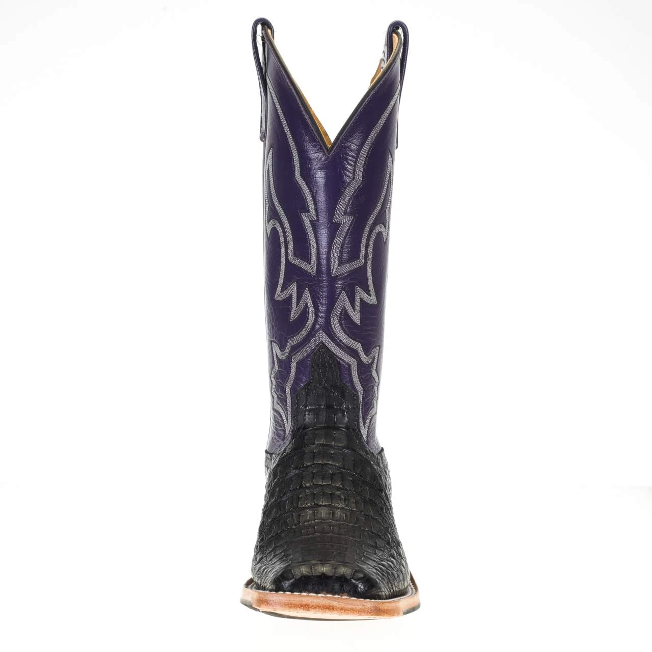 Anderson Bean Men's Black Hornback Caiman 13in. Purple Orchid Kidskin Top Square Toe Boots 1 Anderson Bean Men's Black Hornback Caiman 13in. Purple Orchid Kidskin Top Square Toe Boots