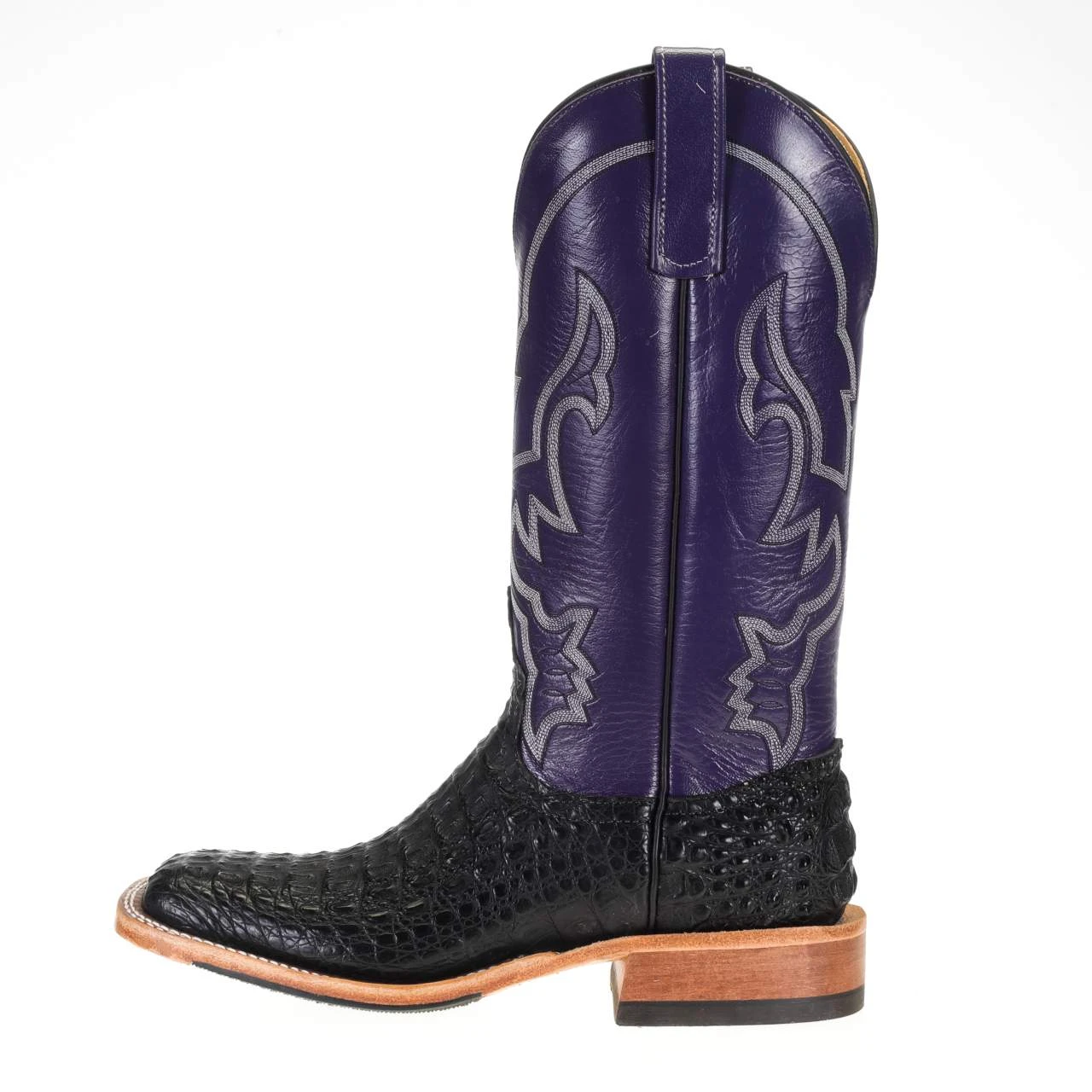 Anderson Bean Men's Black Hornback Caiman 13in. Purple Orchid Kidskin Top Square Toe Boots 2 Anderson Bean Men's Black Hornback Caiman 13in. Purple Orchid Kidskin Top Square Toe Boots - Image 2