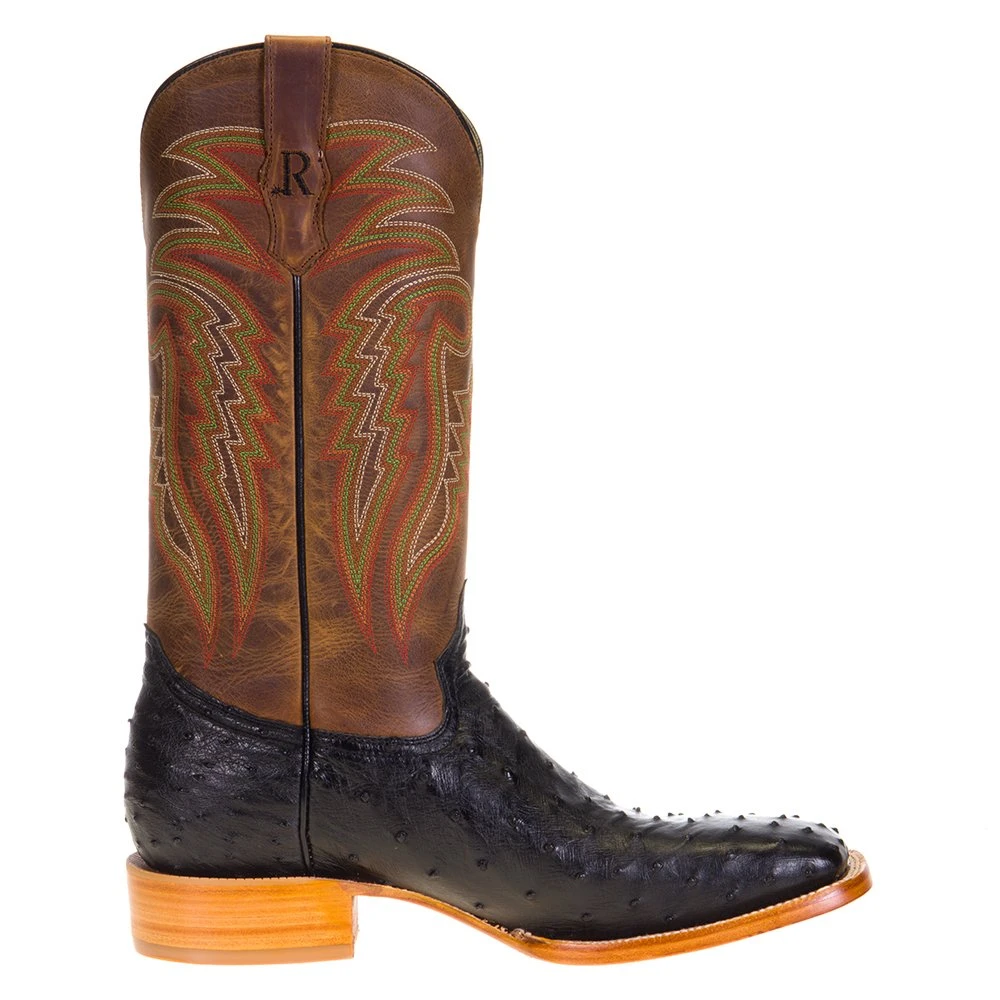 R. WATSON BOOTS Men's R Watson Black Full Quill Ostrich 13in. Mad Dog Tan Cowhide Top Boots 5 R. WATSON BOOTS Men's R Watson Black Full Quill Ostrich 13in. Mad Dog Tan Cowhide Top Boots - Image 5
