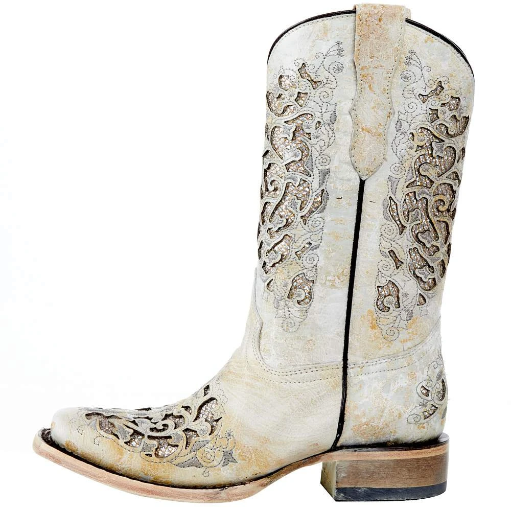 Corral Kids White Glitter Inlay Sq Toe Cowgirl Boot 3 Corral Kids White Glitter Inlay Sq Toe Cowgirl Boot - Image 3