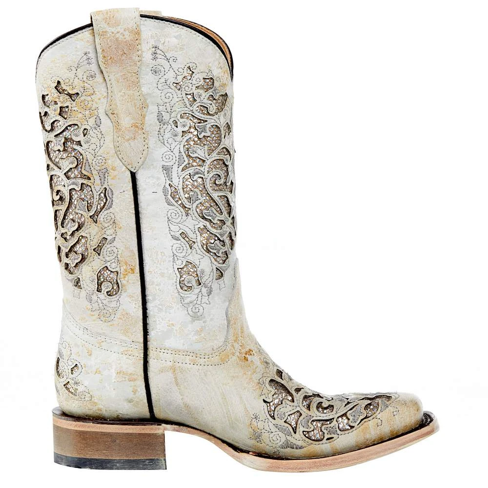 Corral Kids White Glitter Inlay Sq Toe Cowgirl Boot 5 Corral Kids White Glitter Inlay Sq Toe Cowgirl Boot - Image 5